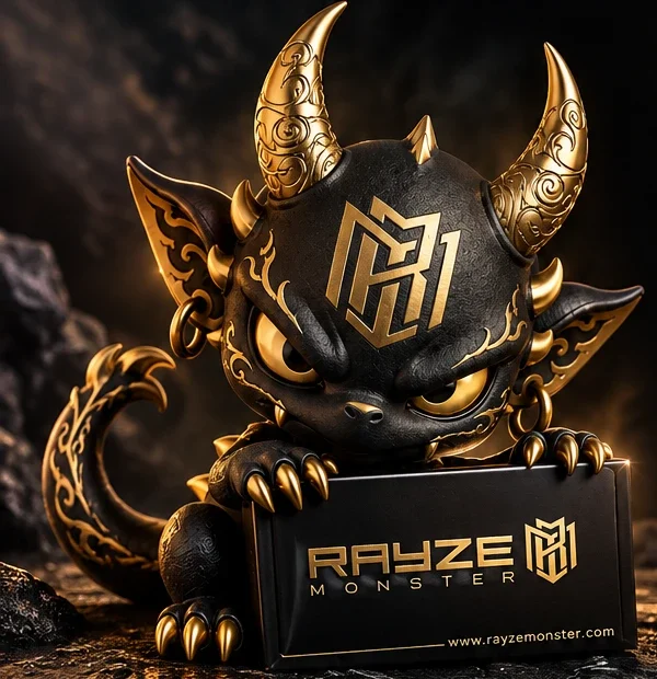 Rayze Monster, o mascote oficial, a segurar uma caixa RAYZEMONSTER®